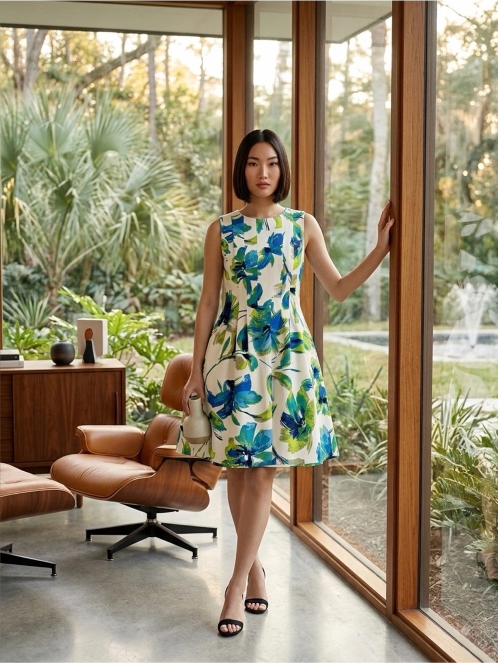 Vince Camuto Sleeveless Floral Fit-and-Flare Dress in Blue & Green